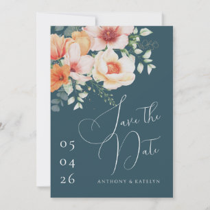Reserva La Fecha Boda floral de durazno naranja y azul teal de prim