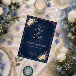 Reserva La Fecha Boda floral de esquina en elegante azul marino
