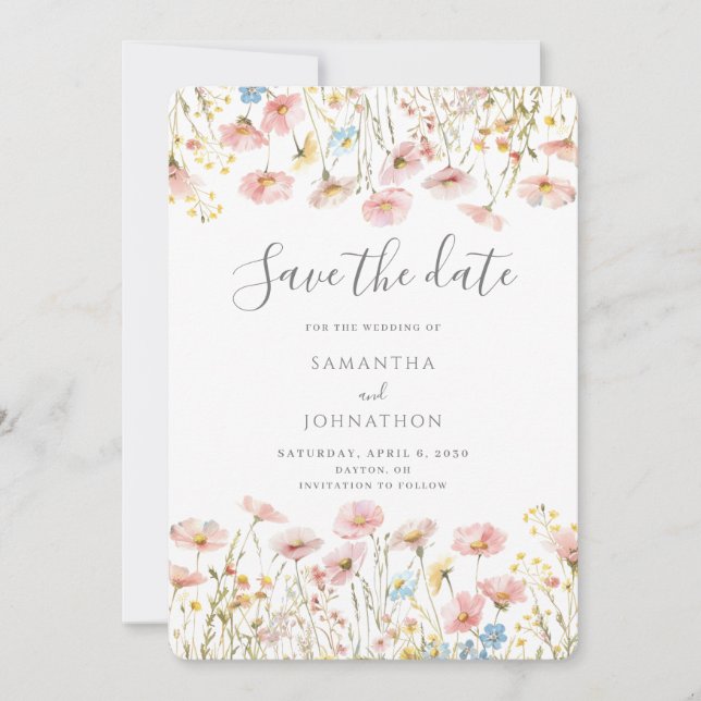 Reserva La Fecha Boda floral de flores silvestres rosadas (Anverso)