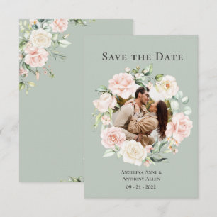 Reserva La Fecha Boda floral de foto de acuarela de color verde sal