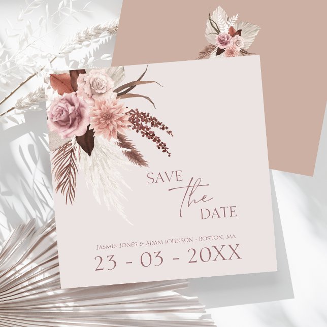 Reserva La Fecha Boda floral de hierba de Pampas terracota boho (Boho Dusty Pink Dried Flowers Pampas Grass Wedding Save The Date)