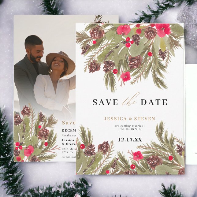 Reserva La Fecha Boda floral de la elegancia del pino de invierno (Winter pine elegance floral wedding save the date)