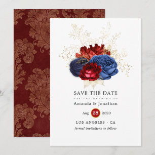 Reserva La Fecha Boda floral de la Marina, rojo y dorado