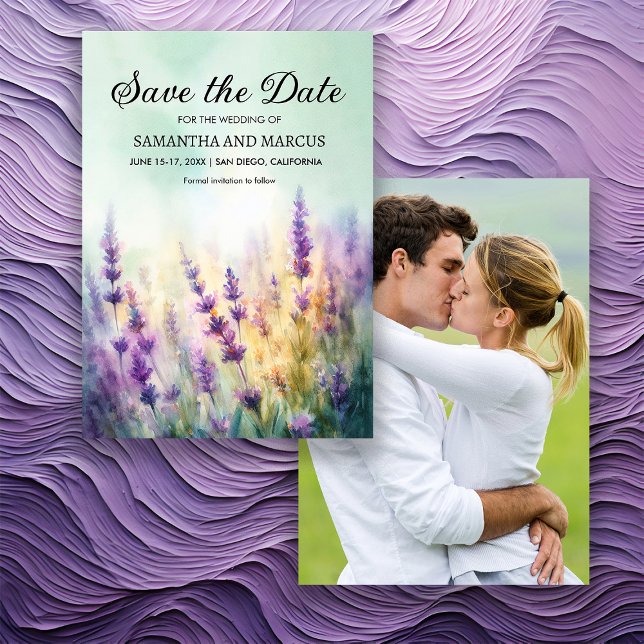 Reserva La Fecha Boda floral de lavanda en primavera Foto Guardar f (Purple lavender floral springtime/summer wedding Save the Date photo card)