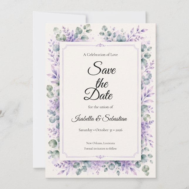 Reserva La Fecha Boda floral de lavanda etérea (Anverso)