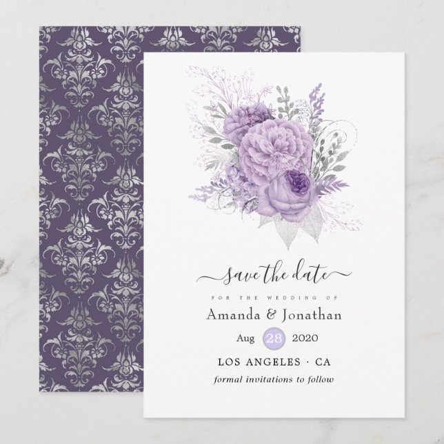 Reserva La Fecha Boda floral de lavanda y plata (Anverso / Reverso)