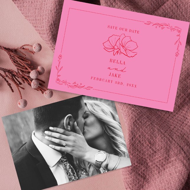 Reserva La Fecha Boda floral de línea Art Pink + Rojo (Subido por el creador)