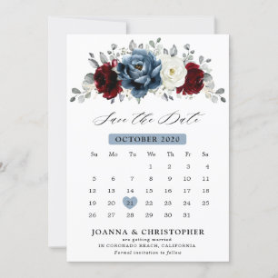 Reserva La Fecha Boda floral de marfil blanco de borgoña azul pizar