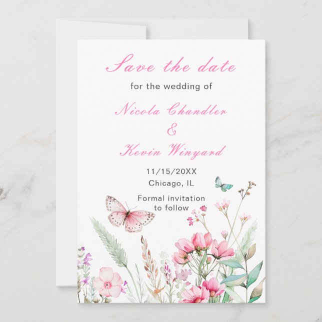 Reserva La Fecha Boda floral de mariposa rosada de primavera (Anverso)