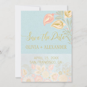 Reserva La Fecha Boda Floral de Oro Melocotón Pastel Azul Claro