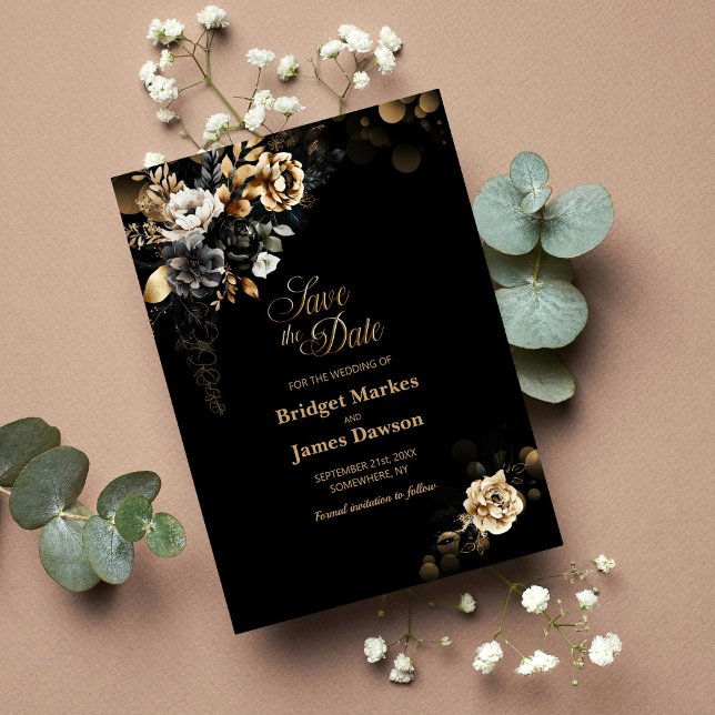 Reserva La Fecha Boda floral de oro negro (Subido por el creador)