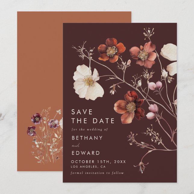 Reserva La Fecha Boda floral de otoño boho (Anverso / Reverso)
