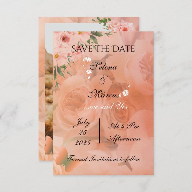 Reserva La Fecha Boda floral de Peach Fuzz Save the Date (Anverso / Reverso)