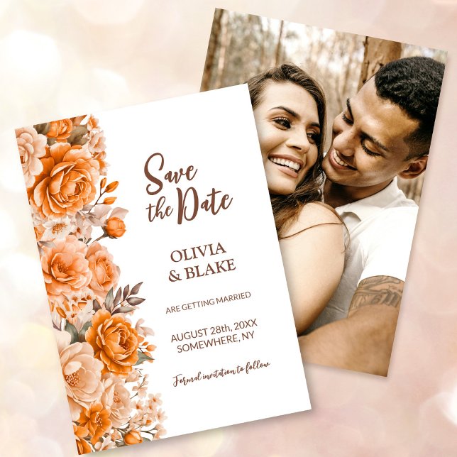 Reserva La Fecha Boda floral de rosa naranja con foto personalizada (Subido por el creador)