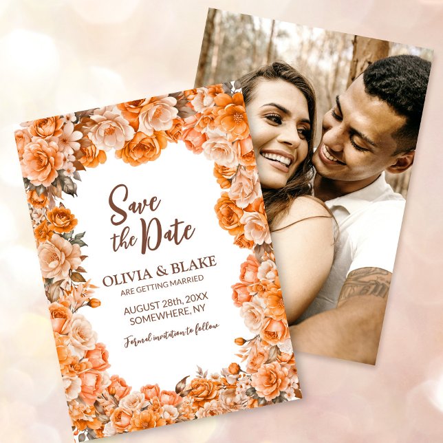 Reserva La Fecha Boda floral de rosa naranja de foto personalizada (Subido por el creador)