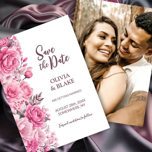 Reserva La Fecha Boda floral de rosa rosa personalizada (Subido por el creador)