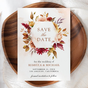 Reserva La Fecha Boda floral de terracota rústica de Borgoña