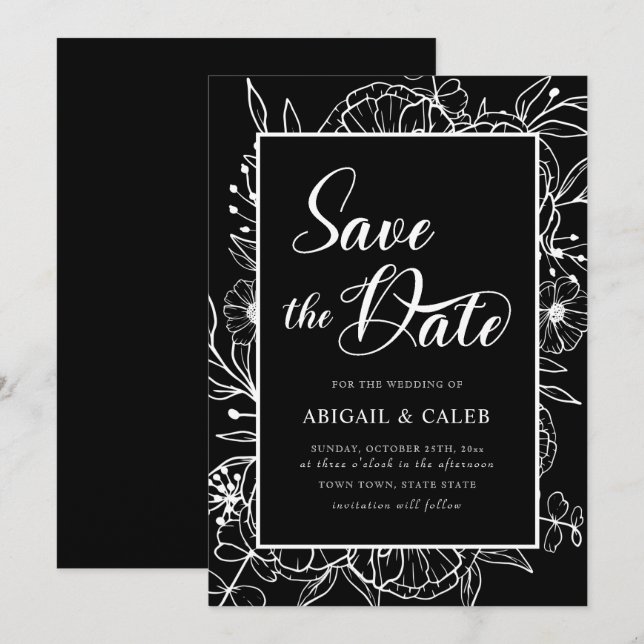Reserva La Fecha Boda floral de tinta blanca y negra (Anverso / Reverso)