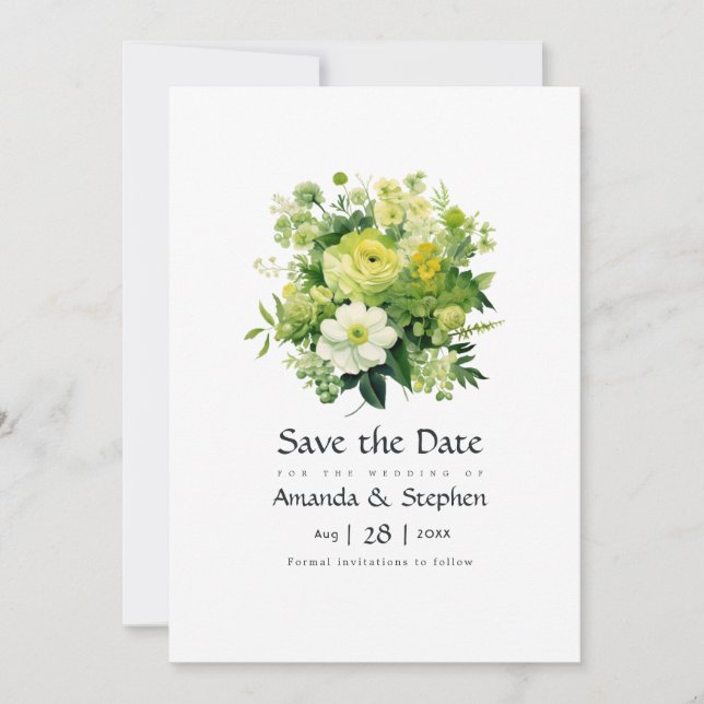 Reserva La Fecha Boda floral de tonos verdes (Anverso)