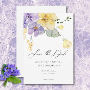 Reserva La Fecha Boda floral de violetas moradas y amarillas modern