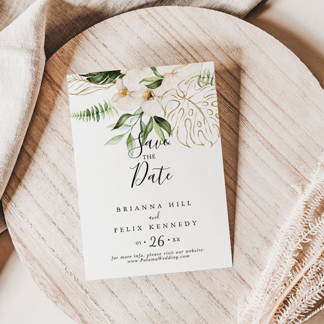 Reserva La Fecha Boda floral dorado de follaje tropical (Subido por el creador)