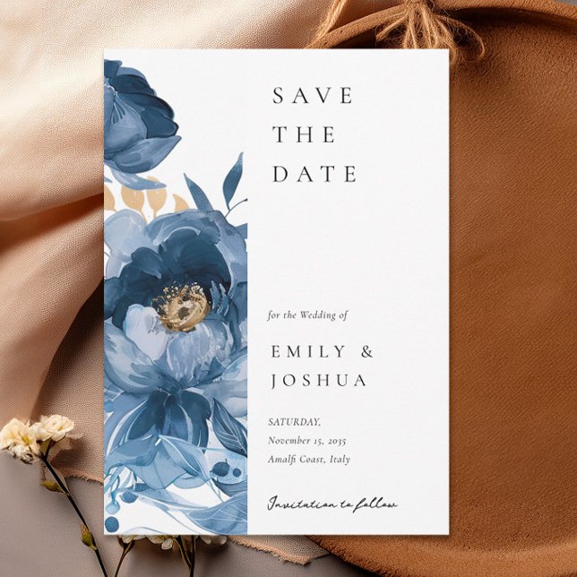 Reserva La Fecha Boda floral Dusky Blue Gold (Subido por el creador)