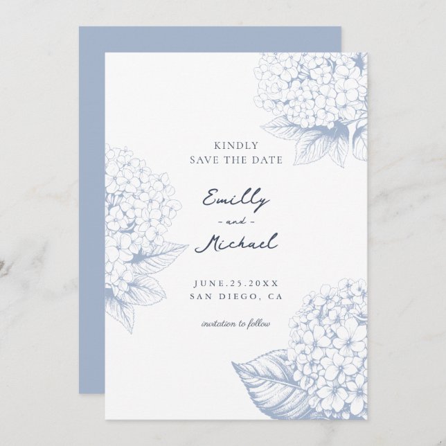 Reserva La Fecha Boda floral Dusty Blue Hydrangea (Anverso / Reverso)