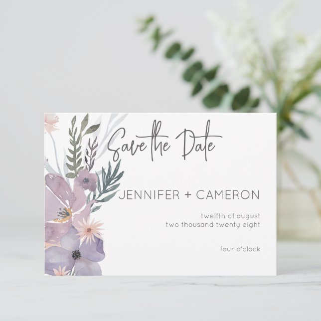Reserva La Fecha Boda Floral Dusty Purple y Blue Boho (Anverso de pie)