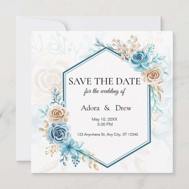 Reserva La Fecha Boda floral elegante azul beige (Anverso)