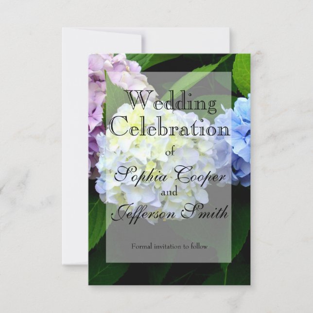 Reserva La Fecha Boda floral elegante con hortensias (Anverso)