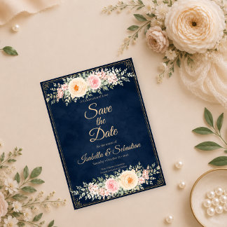 Reserva La Fecha Boda floral elegante de color azul marino