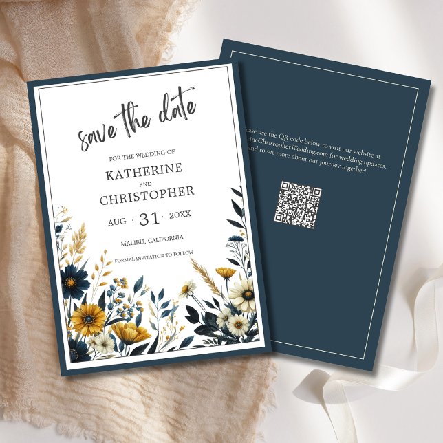 Reserva La Fecha Boda Floral Elegante de Oro Azul (Blue and Yellow Wildflower Floral Elegant Save the Date Card with QR Code for Wedding Website.)