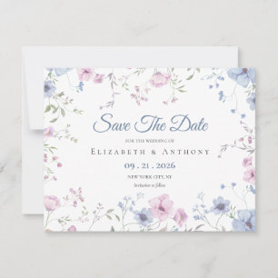 Reserva La Fecha Boda floral elegante de rosa y azul polvoriento