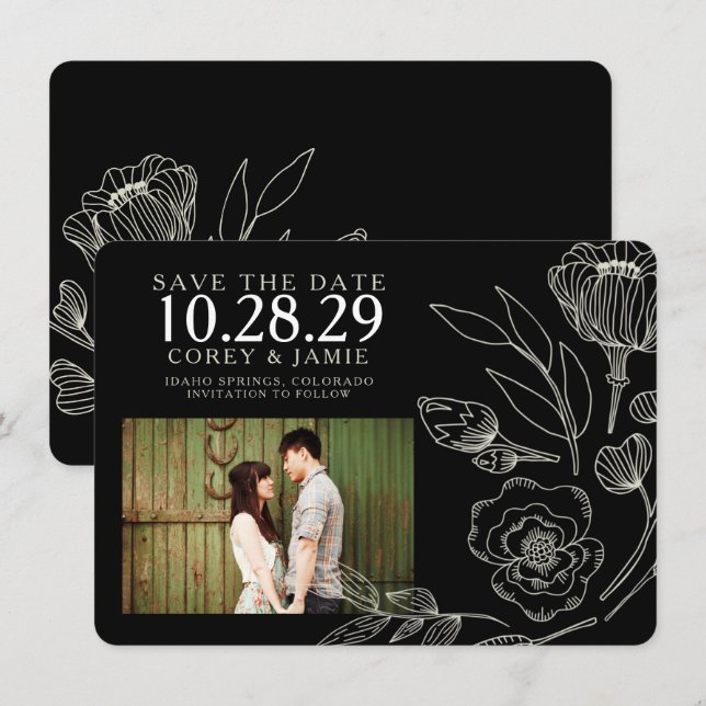 Reserva La Fecha Boda floral elegante y negro (Anverso / Reverso)