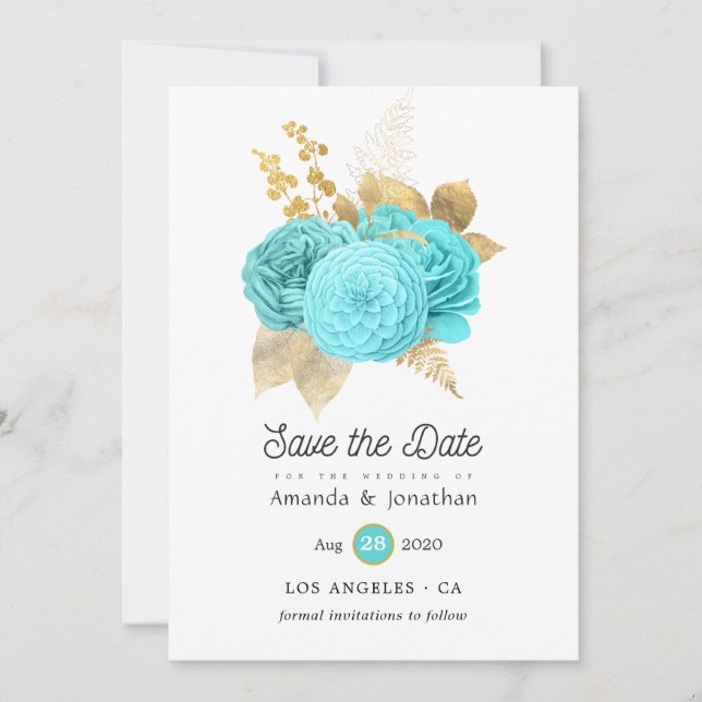 Reserva La Fecha Boda floral en azul acuático y dorado (Anverso)