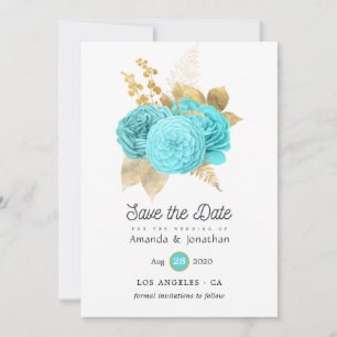 Reserva La Fecha Boda floral en azul acuático y dorado