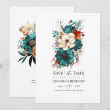 Boda floral en naranja quemada, azul verdoso y cha