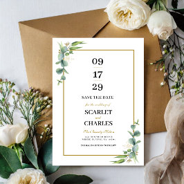 Reserva La Fecha Boda floral geométrica con vegetación de eucalipto