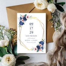 Boda floral geométrica de azul marino y rubor