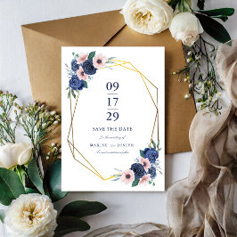 Reserva La Fecha Boda floral geométrica de azul marino y rubor