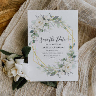 Reserva La Fecha Boda floral geométrico blanco y dorado