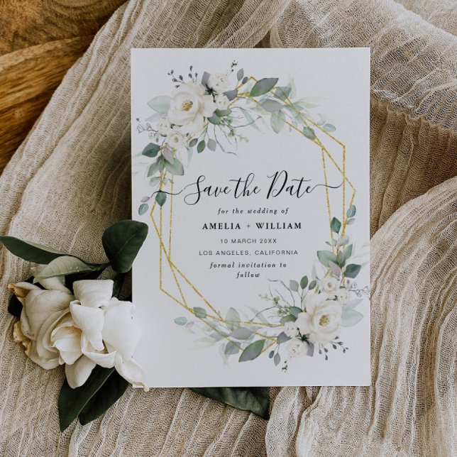 Reserva La Fecha Boda floral geométrico blanco y dorado (Subido por el creador)