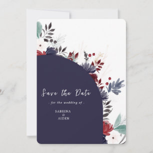 Reserva La Fecha Boda floral gótica azul borgoña de la Marina