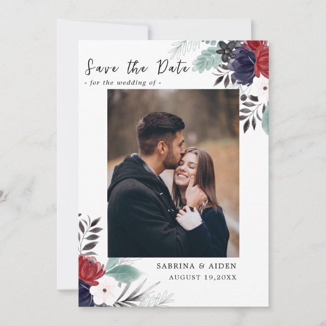 Reserva La Fecha Boda floral gótica azul borgoña de la Marina (Anverso)