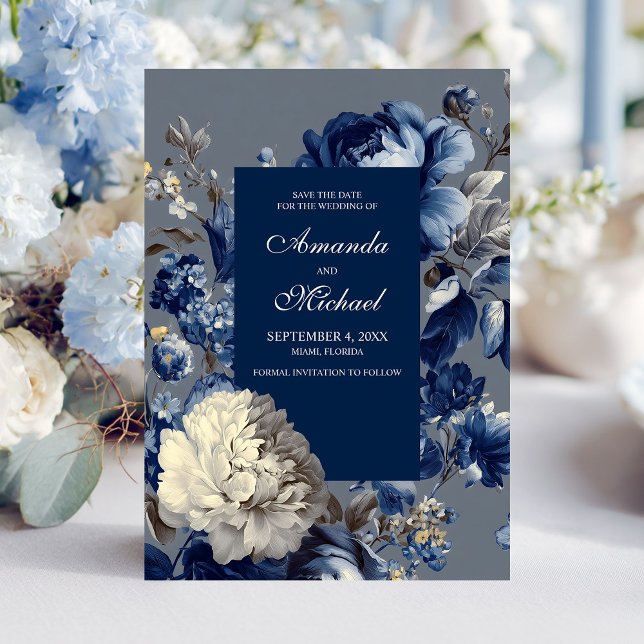 Reserva La Fecha Boda floral gris y azul moderno (Modern Blues & Gray Floral Wedding Save The Date)