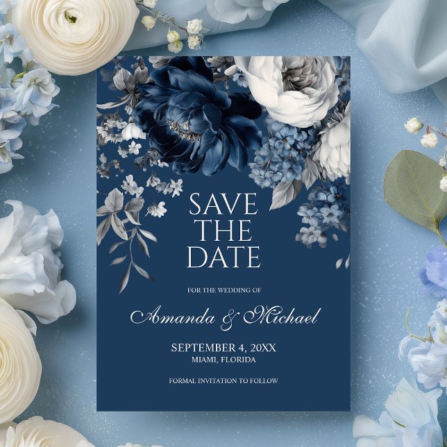 Reserva La Fecha Boda floral gris y azul moderno (Modern Blues & Gray Floral Wedding Save The Date)