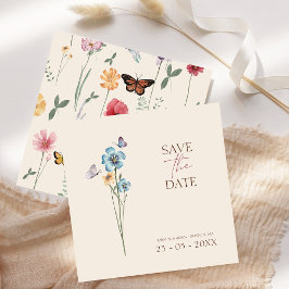 Reserva La Fecha Boda Floral Mariposa Flor Silvestre Azul Simple