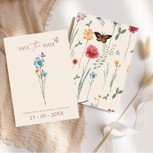 Reserva La Fecha Boda Floral Mariposa Flor Silvestre Azul Simple