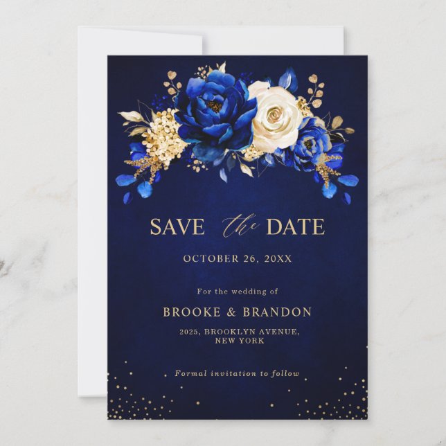 Reserva La Fecha Boda floral metálico Royal Blue Yellow Gold (Anverso)