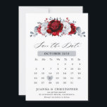 Reserva La Fecha Boda floral metálico Royal Red White Silver<br><div class="desc">Elegante calendario boda de temática real blanca y blanca de plata blanca salva la carta de fecha con elegante ramo de rubí real rojo, rojo crimson, plata, brotes de flores rosas de color blanco puro y hojas de eucalipto. Comuníquese conmigo para obtener ayuda sobre la personalización o si necesita cualquier...</div>